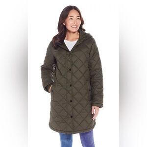WEATHERPROOF Coat Women’s Sz Small Quilted Hood Olive Green Storm Cuffs Pockets